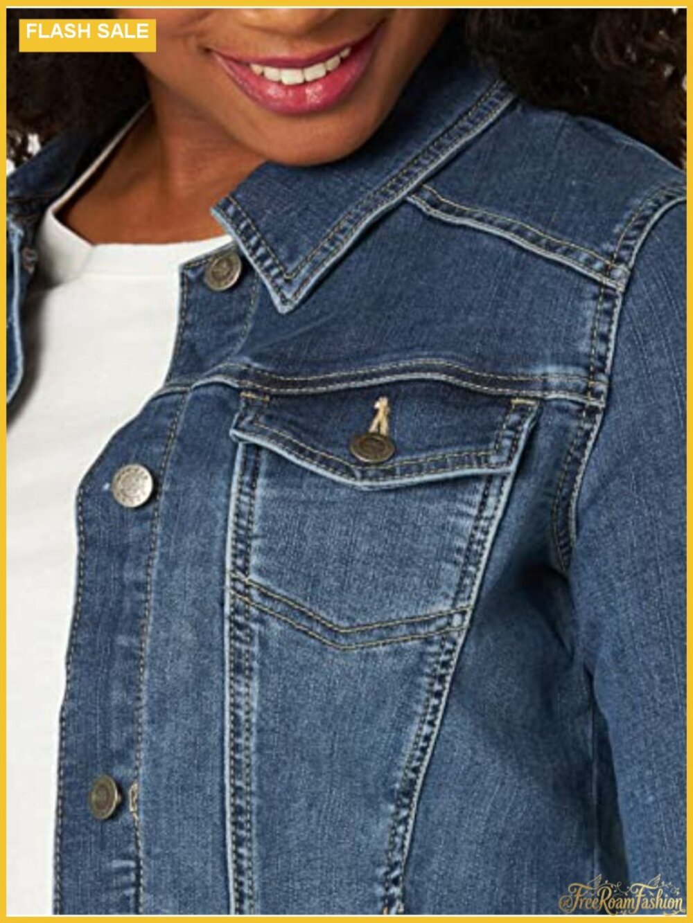 Women's Classic Fit Stretch Denim Jacket with Button Flap Pockets - Picture 2 of 5